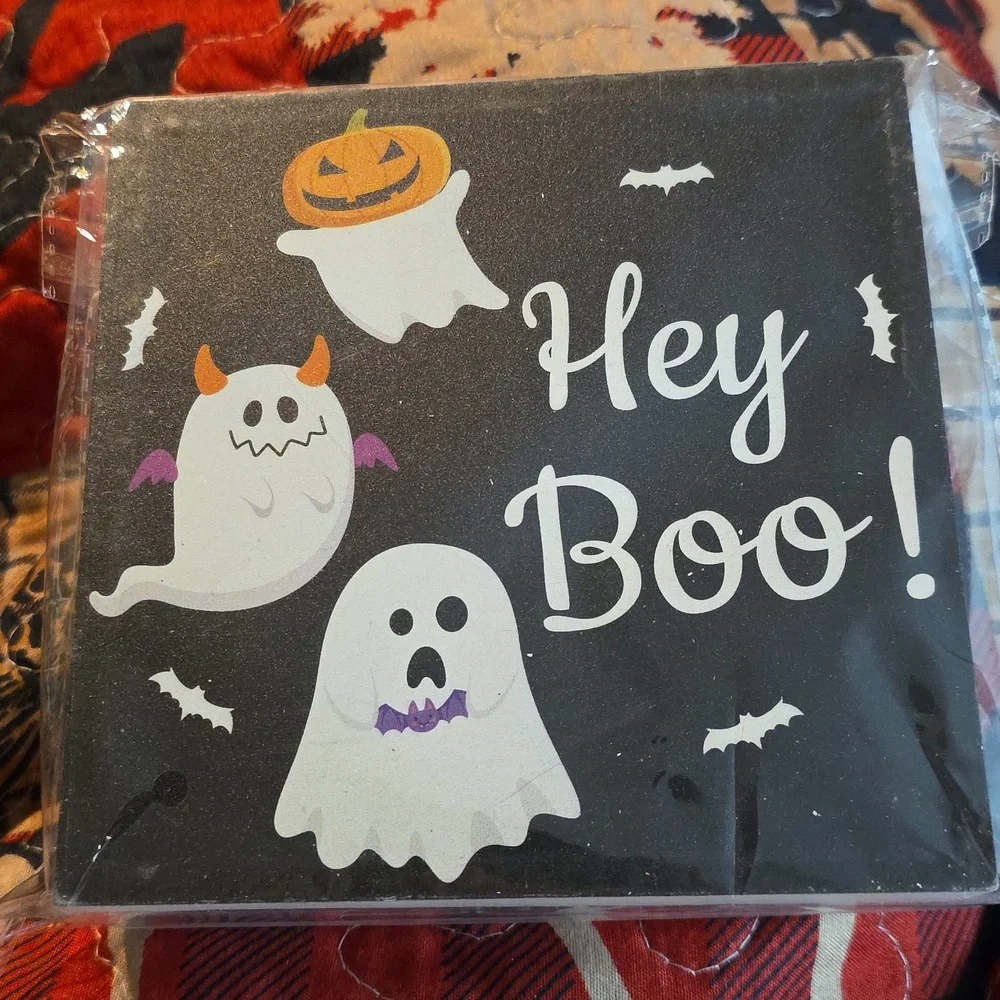 Spooky Ghost Halloween Indoor Home Box, Wooden Sign - Black & White 5.9x5.9 Inch